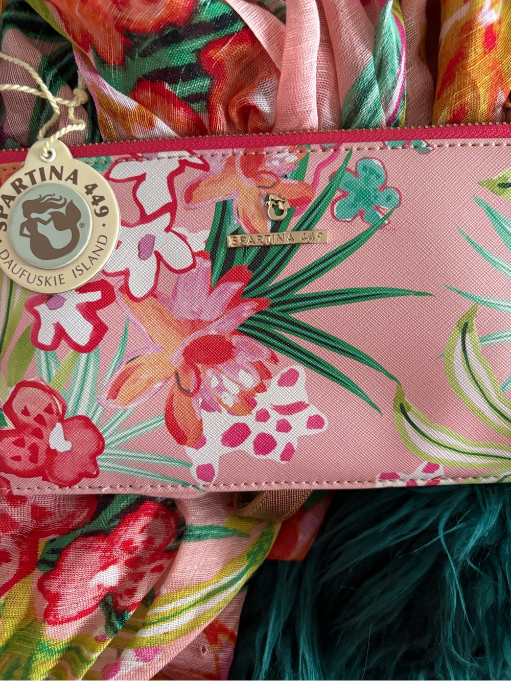 Spartina 449 Pink Floral Tropical Tote with Gold Logo and matching Scarf
